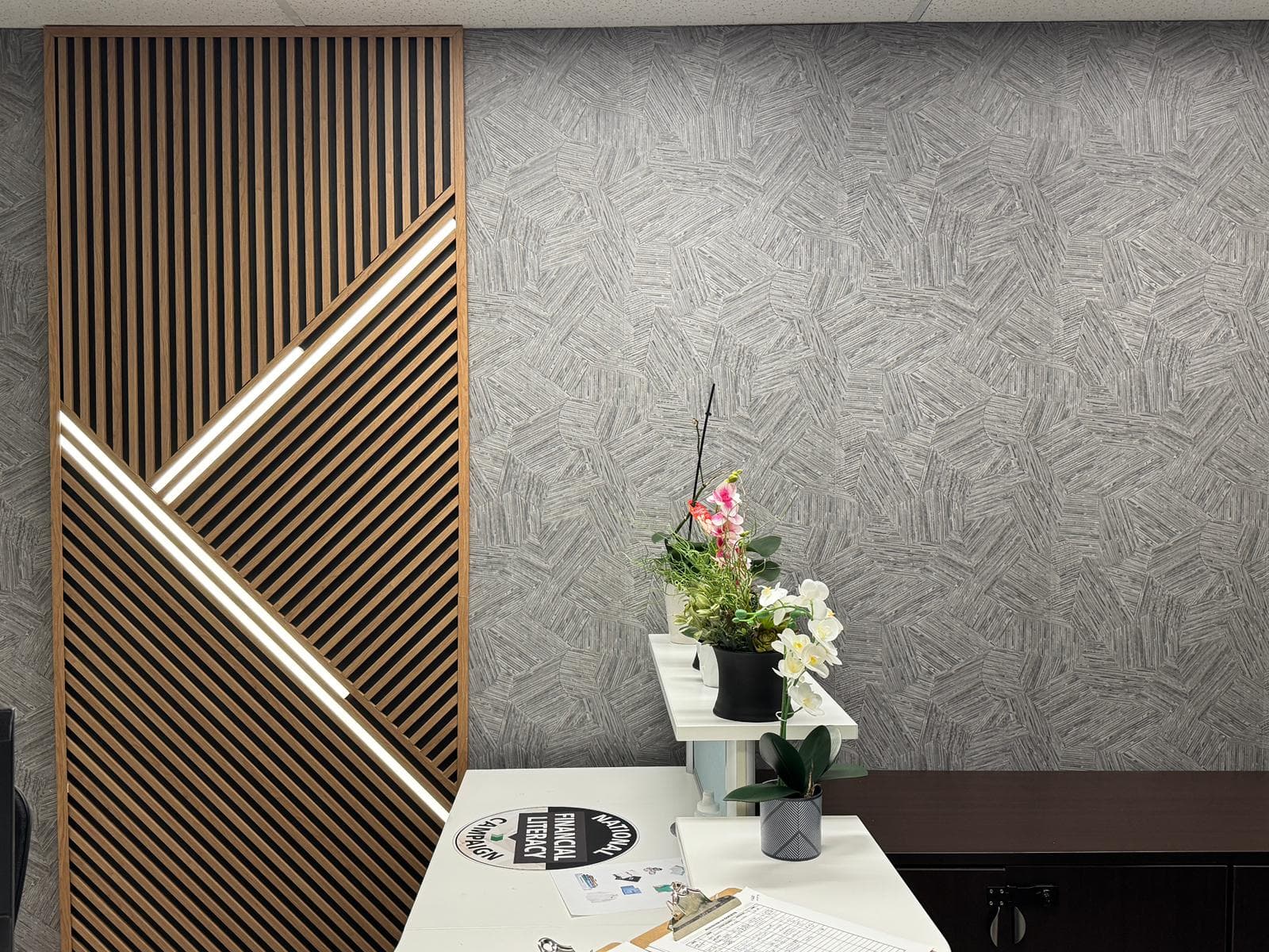 Oak WPC slat wall panel installed in residential entryway